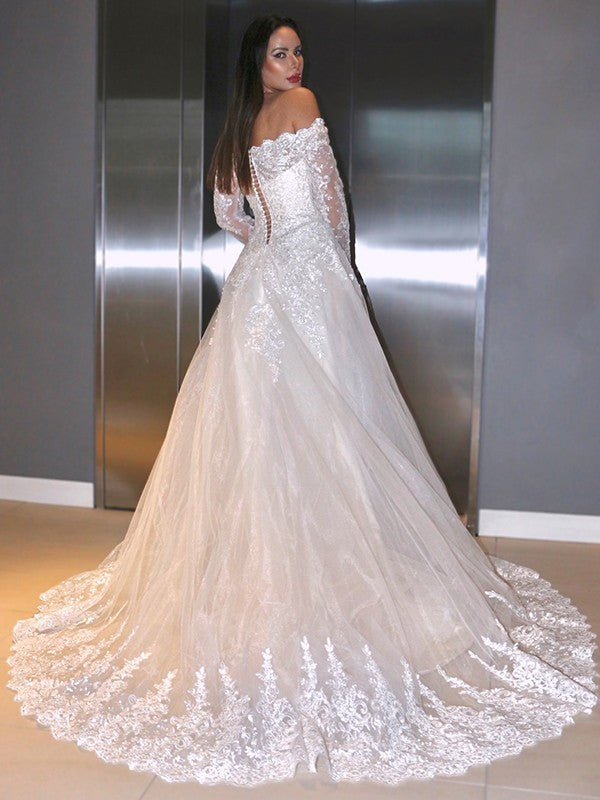 Wholesale A-Line/Princess Lace Applique Off-the-Shoulder Long Sleeves Sweep/Brush Train Wedding Dresses